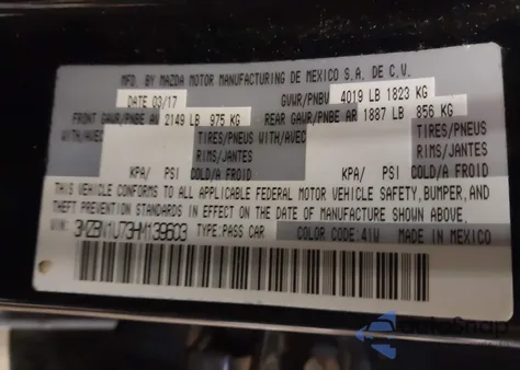 2017 Mazda Mazda3 Sport from USA, damaged, VIN 3MZBN1U73HM139603